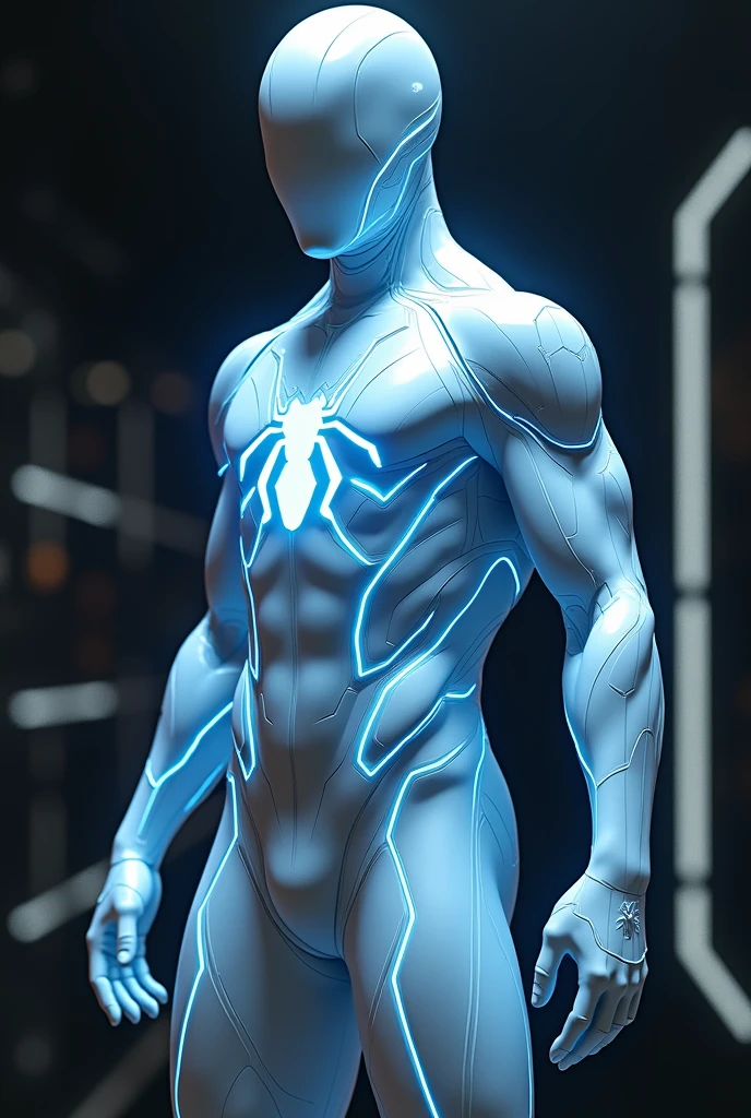 White spider man glossy finished costume with blue lines glowing lights