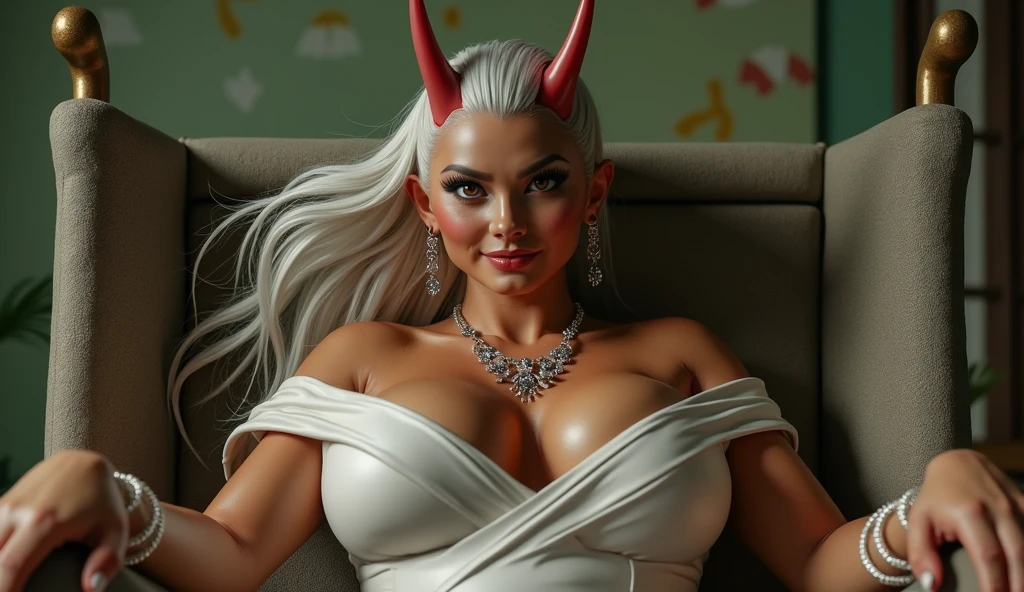 Numerous award-winning masterpiece, with incredible detail, textures and maximum detail), (hyper realistic:1.4), (full-body image:1.6),(beautiful female oni warrior:1.7),( sitting in seiza pose:1.7) (thick curvy and mature body yet muscular:1.5), (reddish fair skin tone:1.3), (wearing off shoulders kimono1.2), (2 long oni horns:1.44),(pointy ears)(white long hair blown by the wind:1.2) (wind effect) (best quality real texture skin), (finely detailed true circle eyes), (finely Detailed and beautiful face that is out of this world:1.6), (The challenging look of the proud warrior), (She has serious gaze in her eyes and a grin on her face:1.3), (Beautiful eyes that sparkle and shine), (Dramatic Light),(A majestic sight), (((dramatic photo))),(Sunny), ((dramatic pose)), (flamboyant photo), (golden hair), epic realistic, faded, art, (art station:1.5), cinematic, ((neutral colors)), (hdr:1.5), (muted colors:1.2), hyper detailed, dramatic light, (intricate details:1.1), complex background,she want to invite a man.40yo woman seeking encounters for dating application,