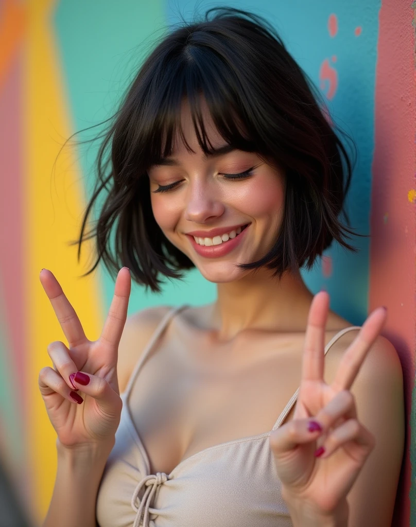 RAW photo, best quality, masterpiece, ((photorealistic)), Polish girl, 20 years old, black hair, Light grey eyes, short bob cut, hair in 7 thirds, hair over one ear, Symmetrical eyes, Detailed Skin, Detailed face, Detailed hands, Big Breasts, rip gloss, Photographed in front of a colorful, stylish exterior wall, smiling, eyes closed, peace sign with both hands, upper body, sunny, outdoors, detailed background,