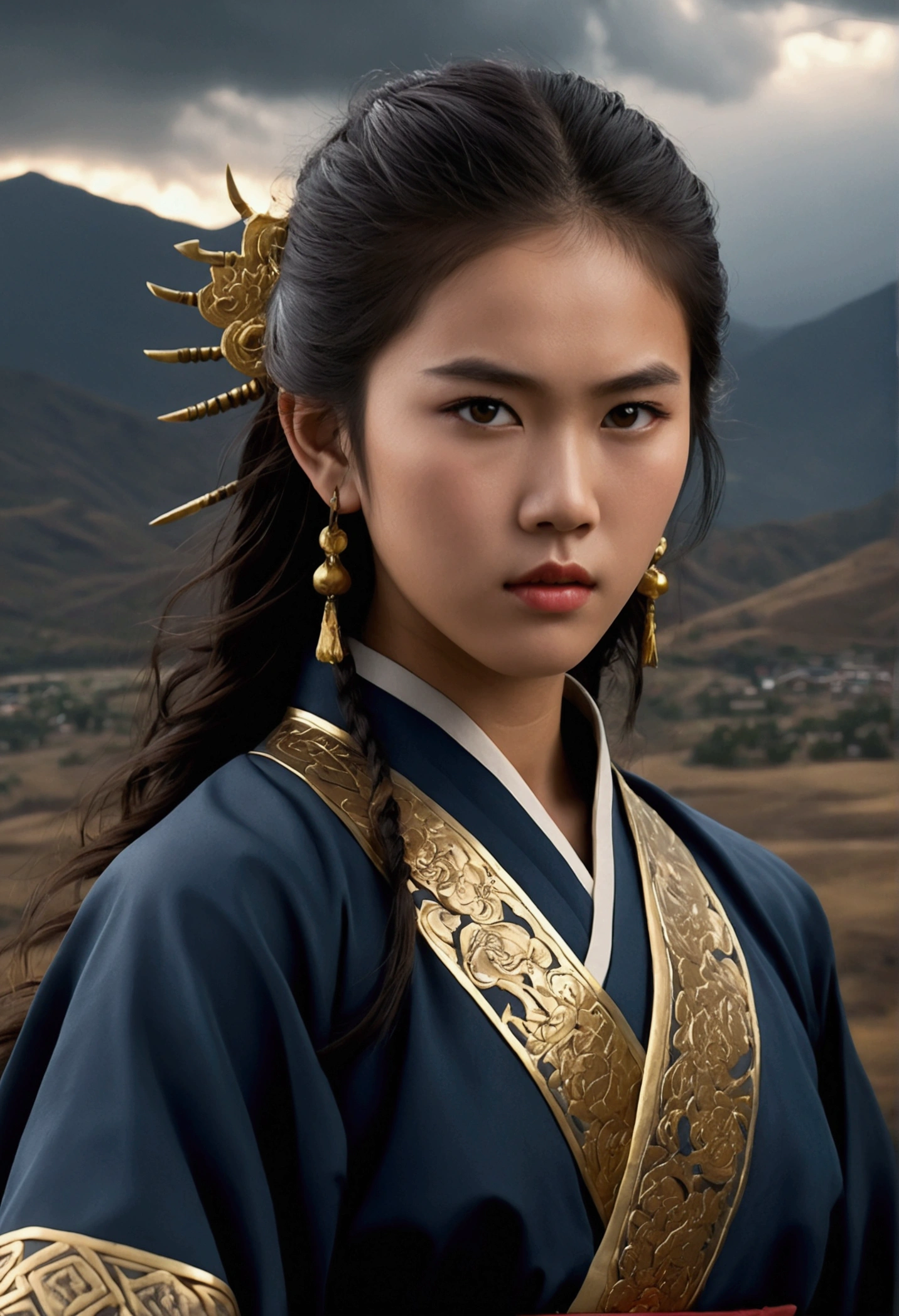 a young teenager with fierce golden eyes, detailed facial features, flowing dark hair, wearing a traditional asian-inspired outfit, standing in a dramatic landscape with stormy clouds, mountains, and lightning in the background, cinematic lighting, highly detailed, intricate, photorealistic, 8k, (best quality, masterpiece:1.2), (realistic:1.37), portrait