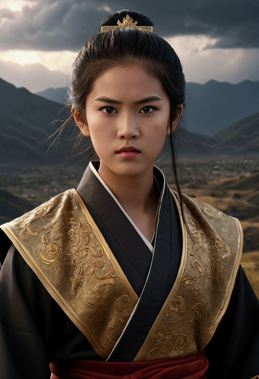 a young teenager with fierce golden eyes, detailed facial features, flowing dark hair, wearing a traditional asian-inspired outfit, standing in a dramatic landscape with stormy clouds, mountains, and lightning in the background, cinematic lighting, highly detailed, intricate, photorealistic, 8k, (best quality, masterpiece:1.2), (realistic:1.37), portrait