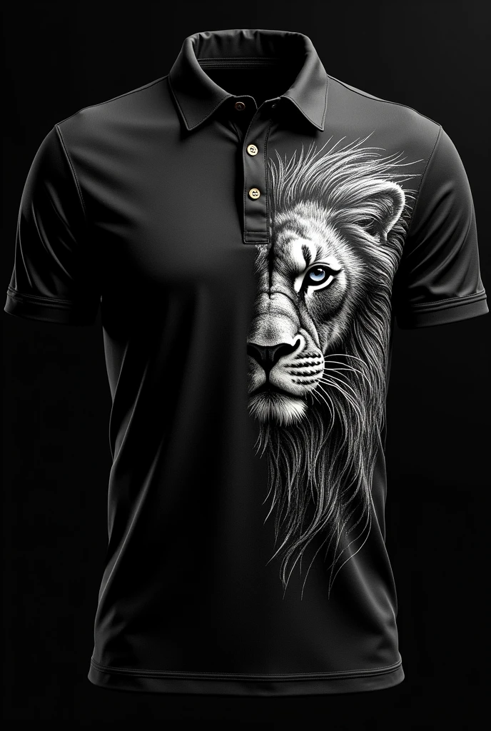 Create me a polo shirt for the Olympics that is black and has a lion design on the front, only half of the drawing should be in lines.