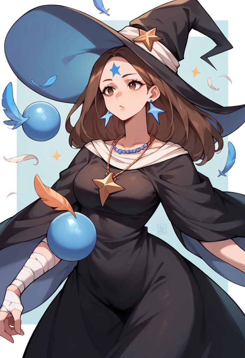 mature woman, brown hair(falling on the face), long witch hat with feathers ,brown eyes, long black dress with blue stripes ,blue star necklace, white stripe on the forehead  ,bandages on the forehead  blue ball earrig,black stripe ,rpg style