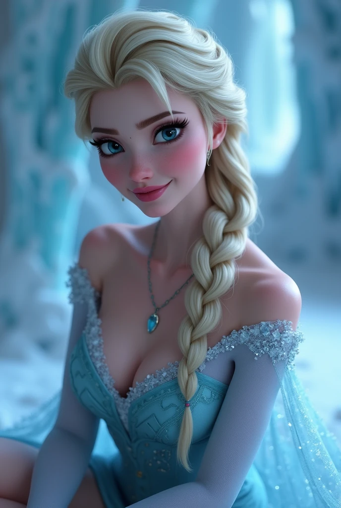 Elsa, (perky breasts), (((small breasts))), smirk:1.2, beautiful blue eyes, (perfect iris’s), depth of colour to her eyes, blonde hair, long hair, braid, full lips, blush, naked, she is showing her vagina, depth of field, bokeh, (special attention to skin detail: 1.2), masterpiece, best quality, ultra-detailed, ultra-HD, photorealistic, cinematic, ((mid camera shot)), sensual pose, alluring, nipples:1.4, looking up at camera, closeup on her face, her cheeks are blushed, 2, she is on her knees, eye contact:1.4, high angle:1.5, ((closeup on face)), perfect face, (((visible breasts))) bokeh everything other than her perfect face, location is Arendelle in winter, ice castle