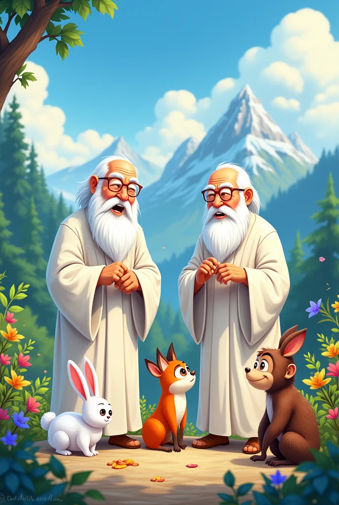 Three elderly men wearing long white clothes stood in the mountains and looked at the white rabbit、Orange fox and brown monkey asking for food cartoon version