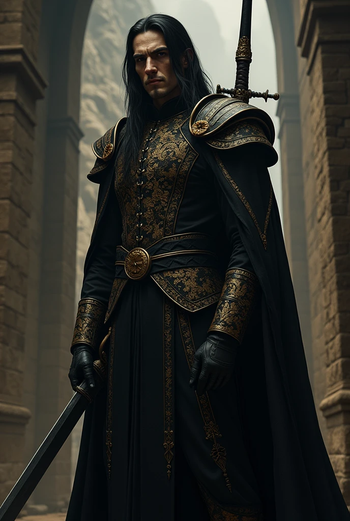 A tall, imposing man with pale skin and finely chiseled, angular features. His long, straight black hair falls elegantly over his shoulders, silky and glossy. He has dark, piercing eyes that exude a cold, calculating presence, framed by defined eyebrows. He wears ostentatious black clothing, intricately detailed with golden embroidery in ornate Orite patterns. He carries a pair of finely ornamented, high-quality daggers at his side, and a matching large claymore strapped to his back. His demeanor is serious and intimidating, with a quiet and commanding presence that suggests both determination and egoism. The background is a dimly lit, ancient fortress, with shadows highlighting his formidable stature.