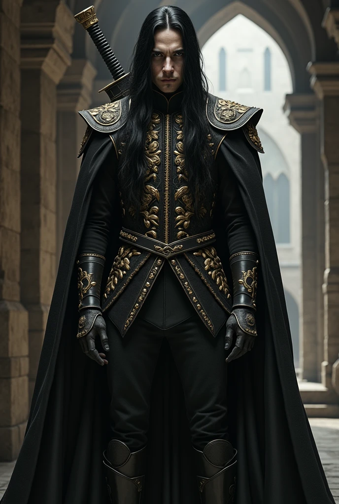 A tall, imposing man with pale skin and finely chiseled, angular features. His long, straight black hair falls elegantly over his shoulders, silky and glossy. He has dark, piercing eyes that exude a cold, calculating presence, framed by defined eyebrows. He wears ostentatious black clothing, intricately detailed with golden embroidery in ornate Orite patterns. He carries a pair of finely ornamented, high-quality daggers at his side, and a matching large claymore strapped to his back. His demeanor is serious and intimidating, with a quiet and commanding presence that suggests both determination and egoism. The background is a dimly lit, ancient fortress, with shadows highlighting his formidable stature.