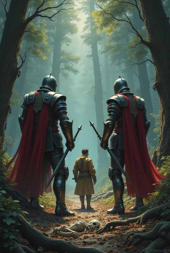 Two king soilders killing a hubsman near a skeleton which is laying on a forest ground