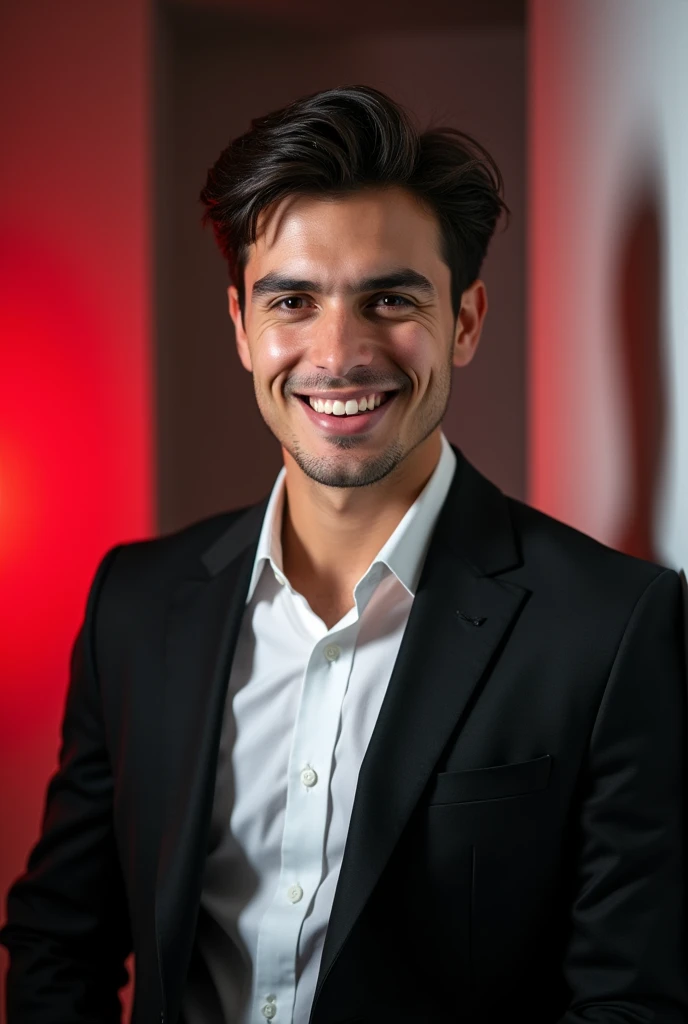 A young man with dark hair and a code smile. He is dressed in a black blazer ove a whiteshirt.

The man is positioned against a la colour backdrop with a subtle red lighting on the left side. and he posing for Linkedin ofile