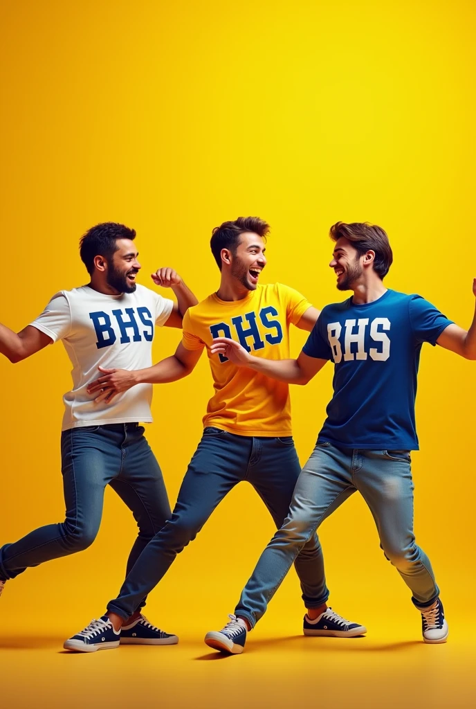 3 guys in a Yellow with BHS on their t-shirt
