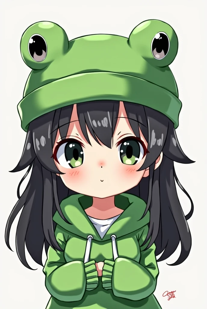 cute girl, anime style,On his head is a green frog hat, chibi style, long hair, black hair
