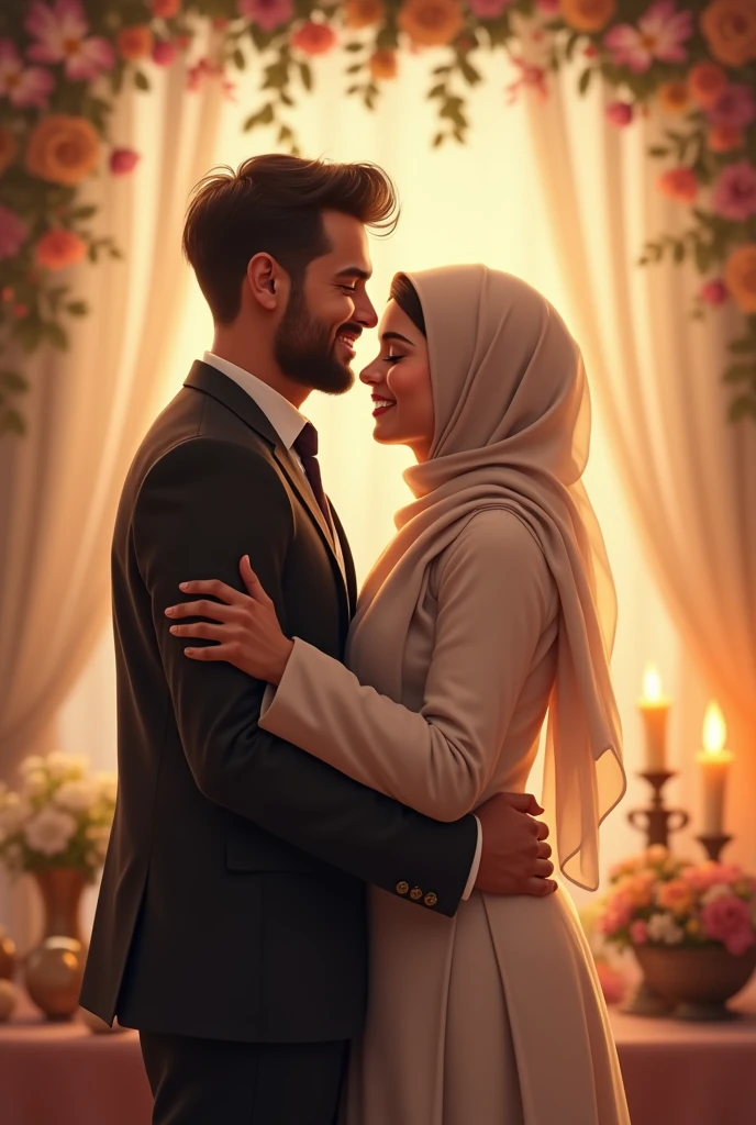 Lovely couple with the guy hansome cubby man and the girl use hijab celebrate their unniversary marriage