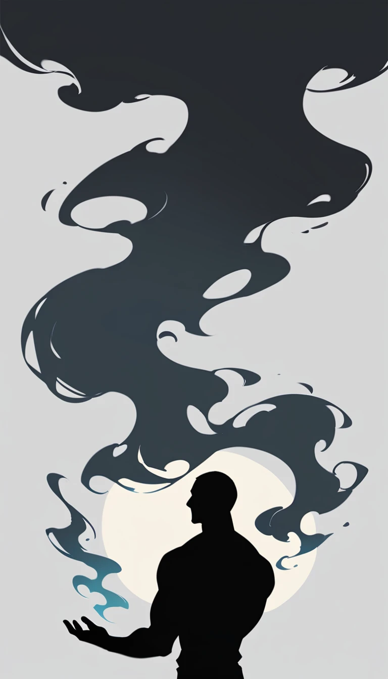 A man in a black bodysuit stands in the smoke, Priapus,Dark Black,Buzz Cut,His muscles are very developed, Very tall, short hair, Blend into the smoke, Man silhouette, Chinese, black and white, Simple style