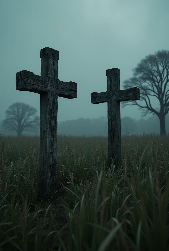 Very realistic dark photo two very old wooden crosses in tall grass in gothic style in rainy weather, with low trees in the background, without a hill