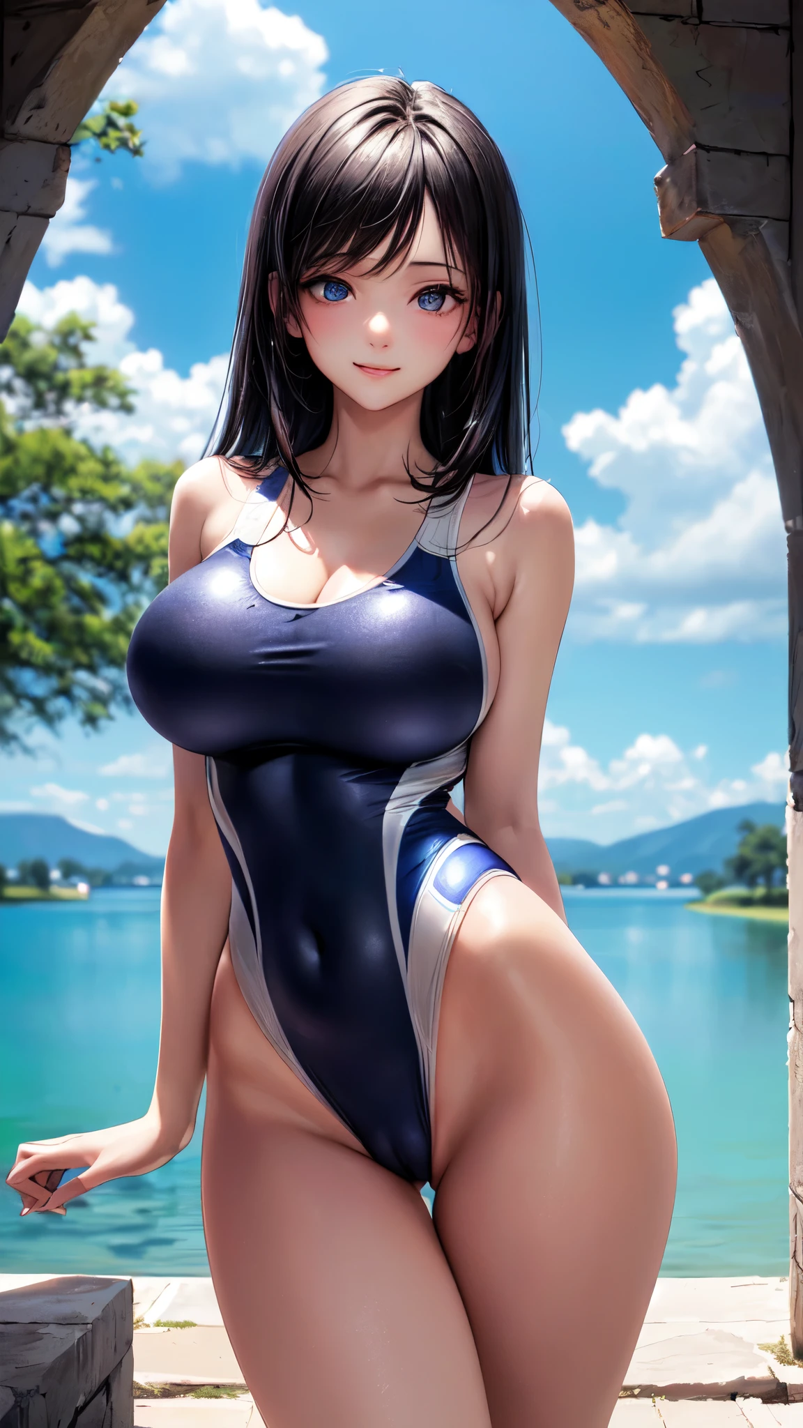 ((masterpiece,best quality,ultra detailed,high resolution)),(daytime,clear weather,bloom),looking viewer,((solo,beautiful-girl)),(black hair,straight hair),(beautiful detailed face,beautiful detailed eyes),(finely detailed skin,fair skin),slender,smile,(competition swimsuit),(on the beautiful lake,beautiful sky),(big breast,medium hip),((cameltoe)),