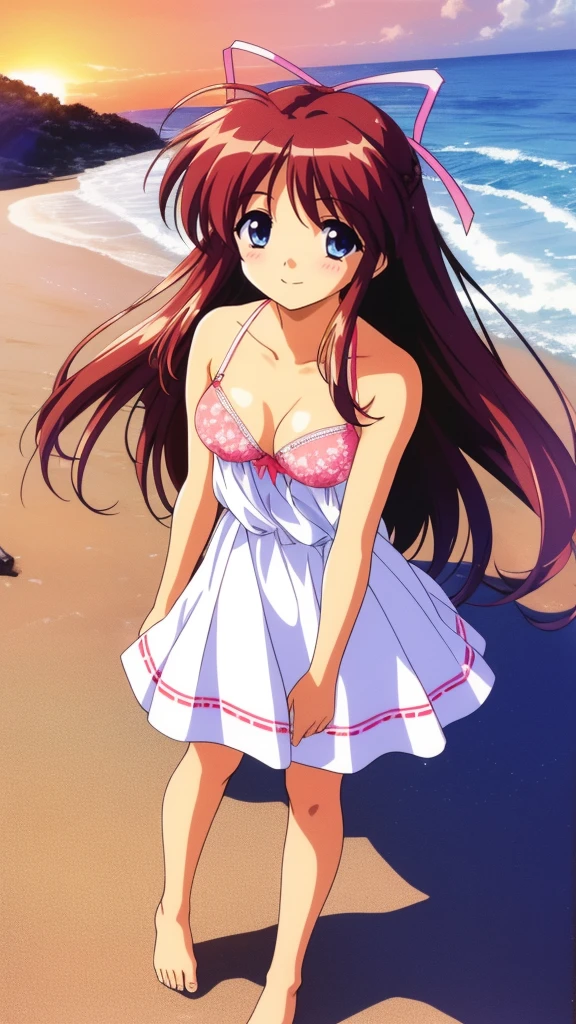HinomoriAzusa, one person, alone, Brown Hair, Long Hair, ribbon, smile, Blue eyes, hair ribbon
pink A Line dress with red floral, white bra, white panties, barefoot, (The beach where the sunset sinks、Look at me and smile、I came closest to that smile), cute, masterpiece, expensive quality, very_expensive_solve, big_file size, Full Color, cinematic angle