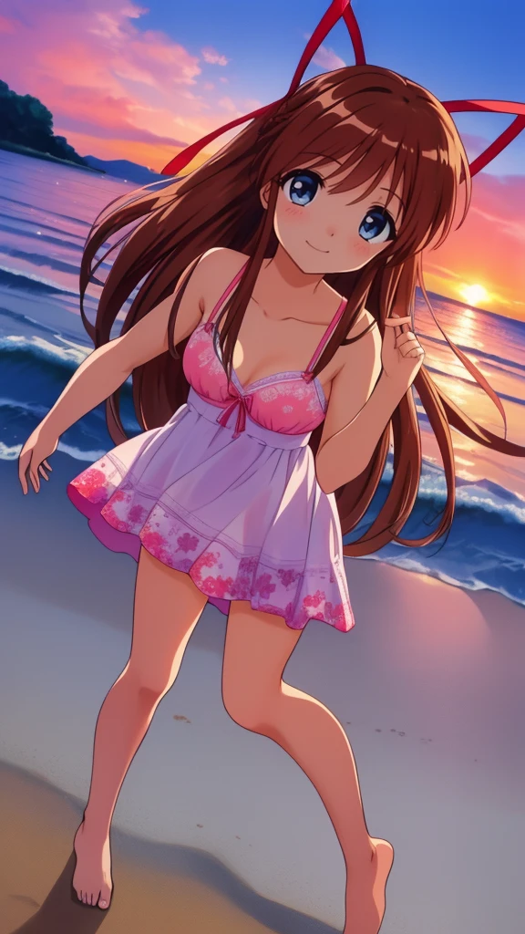 HinomoriAzusa, one person, alone, Brown Hair, Long Hair, ribbon, smile, Blue eyes, hair ribbon
pink A Line dress with red floral, white bra, white panties, barefoot, (The beach where the sunset sinks、Look at me and smile、I came closest to that smile), cute, masterpiece, expensive quality, very_expensive_solve, big_file size, Full Color, cinematic angle