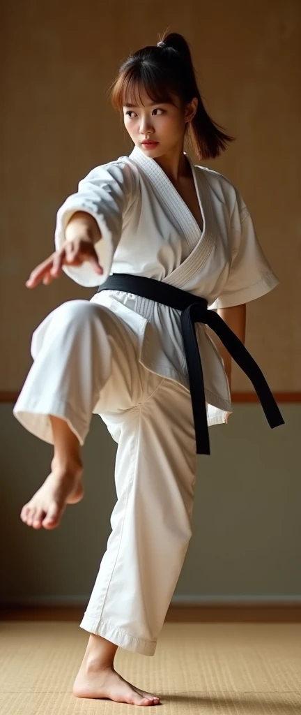 Karate pose, kick , Side view , Full- body, beautiful Japanese, 18-year-old, (Light brown hair, short pony tail , Brown fringe eyes, Beautiful Lips, serious), (middle Breasts, , middle Hips) ,((Karate clothes, Karate underwear, Black obi)), (White underwear:1.3), At the Karate Dojo, Standing on tatami mat, Textured skin ,((Surrealism, Fujicolor, Fujifilm, UHD, retina, masterpiece, accurate, anatomically correct, textured skin, super detail, high details, high quality, best quality, 8k))