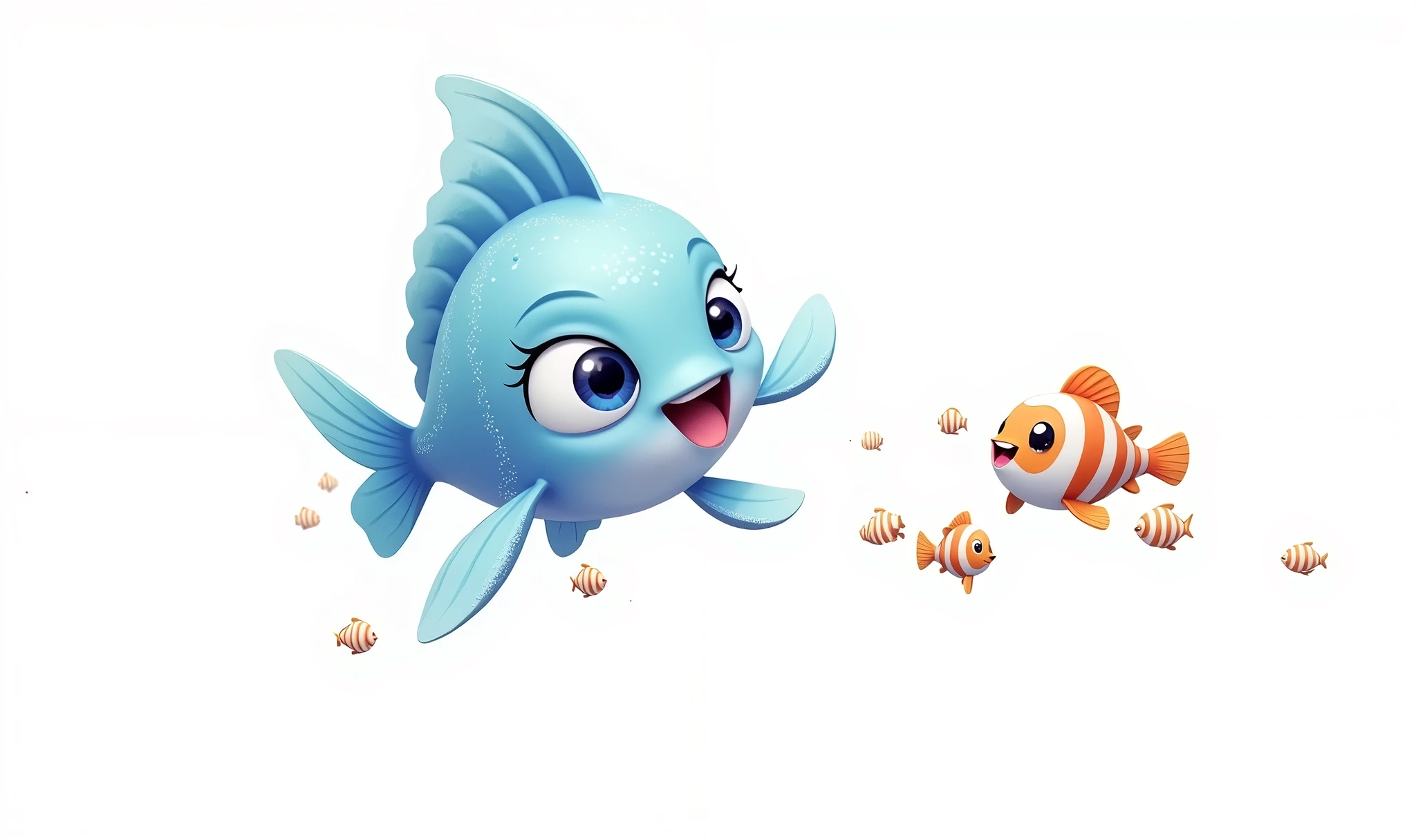 Create the image of the little blue fish playing with friends