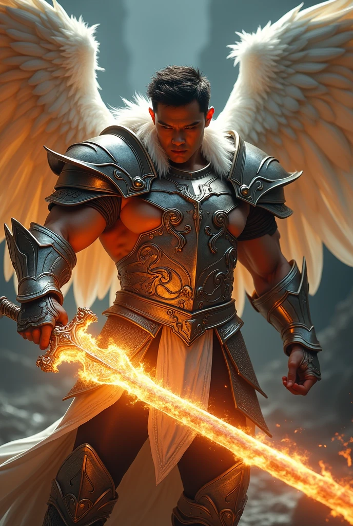 masterpiece, best quality, realistic, ultra detailed, sexy, homoerotic, movie poster style, dungeons and dragons, character design, bruneian man with round face, muscular, fashionable dark hair, white angel wings, celestial heavy armor, dramatic hero pose slashing with flaming sword, ambient lighting, dramatic shadows