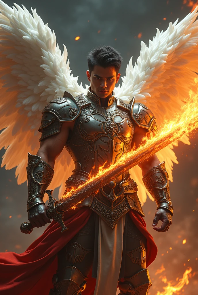 masterpiece, best quality, realistic, ultra detailed, sexy, homoerotic, movie poster style, dungeons and dragons, character design, bruneian man with round face, muscular, fashionable dark hair, white angel wings, celestial heavy armor, dramatic hero pose slashing with flaming sword, ambient lighting, dramatic shadows