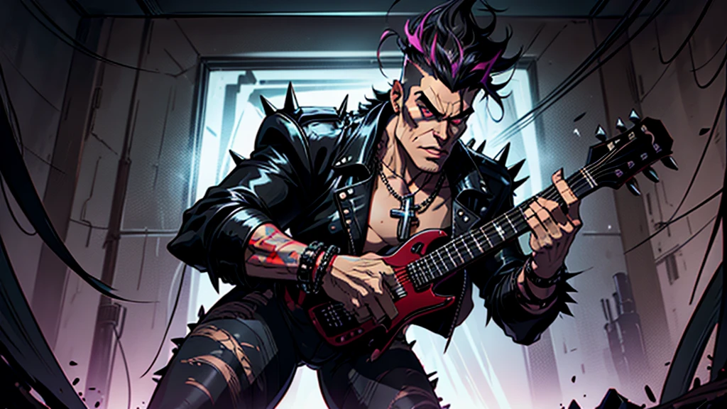 A man who plays the guitar,Rich colors,Detailed muscle carving ,Rock