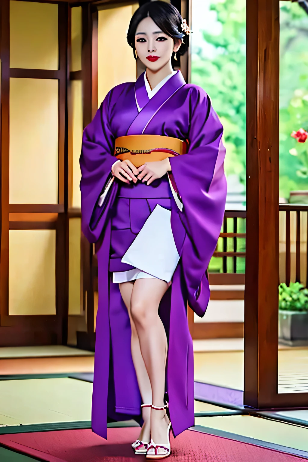 (masterpiece, Highest quality:1.2),Sumie V1,kimono,Red lips,purple kimono,4K, Full body to toes