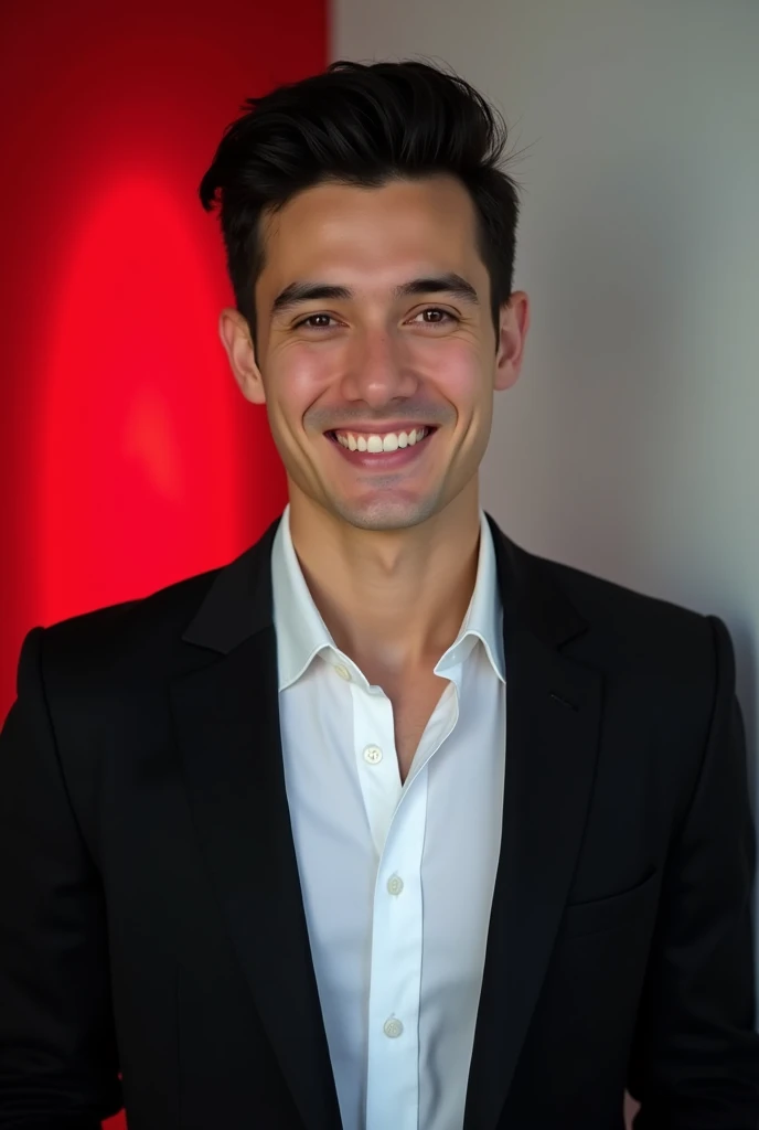 A young man with dark hair and a code smile. He is dressed in a black blazer ove a whiteshirt.

The man is positioned against a la colour backdrop with a subtle red lighting on the left side. and he posing for Linkedin ofile