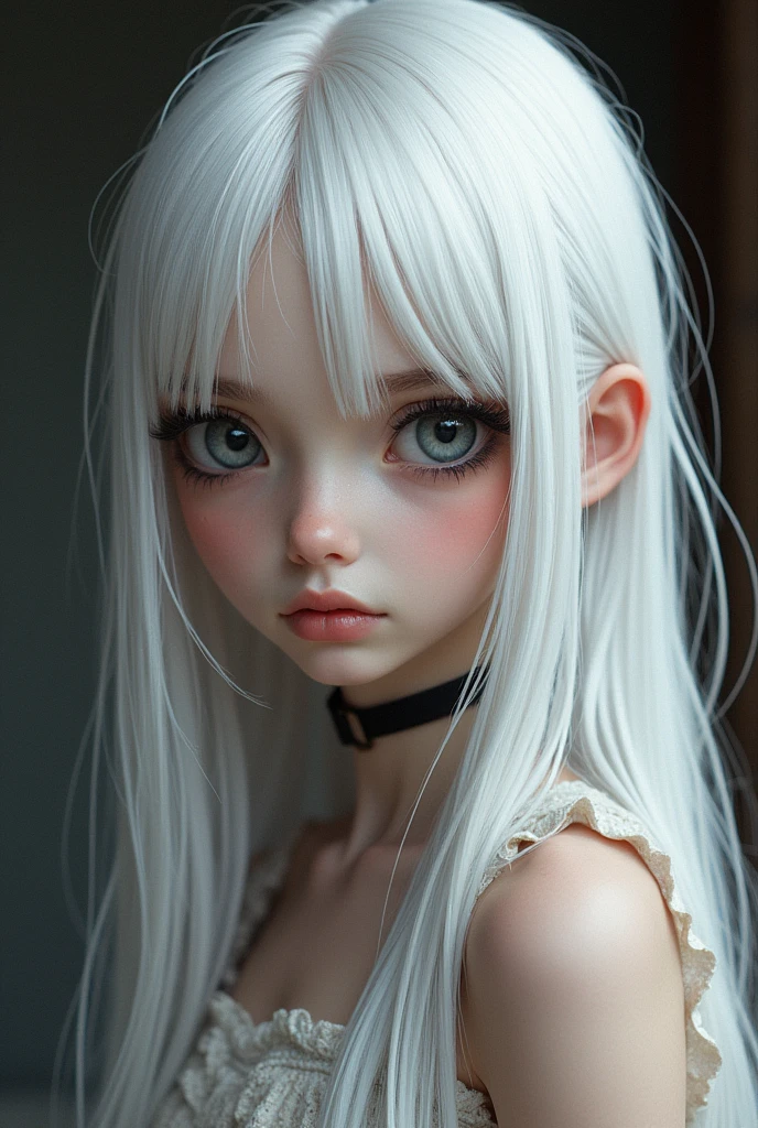 Full lenght, white hair, narrow face, grey eyes, girl, 1, slim figure, almond-shaped eyes, button nose, full lips, european appearance, ultra highly intricate detailed, black eyeliner, summer dress, over knee boots, professional photography, ultra sharp focus, very beautiful