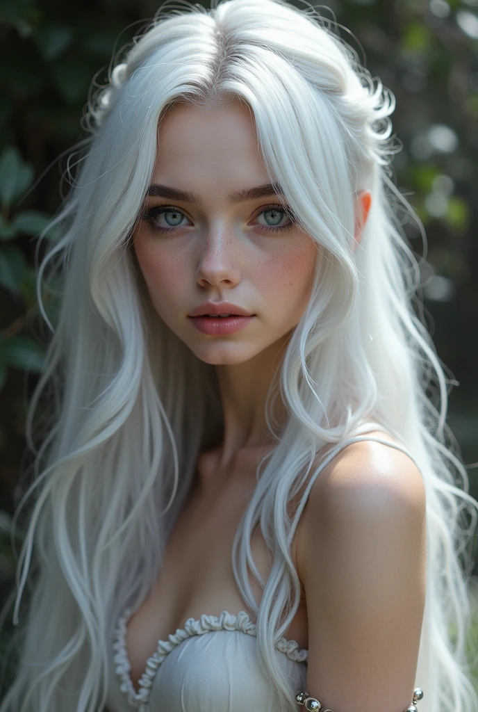 Full lenght, white hair, narrow face, grey eyes, girl, 1, slim figure, almond-shaped eyes, button nose, full lips, european appearance, ultra highly intricate detailed, black eyeliner, summer dress, over knee boots, professional photography, ultra sharp focus, very beautiful