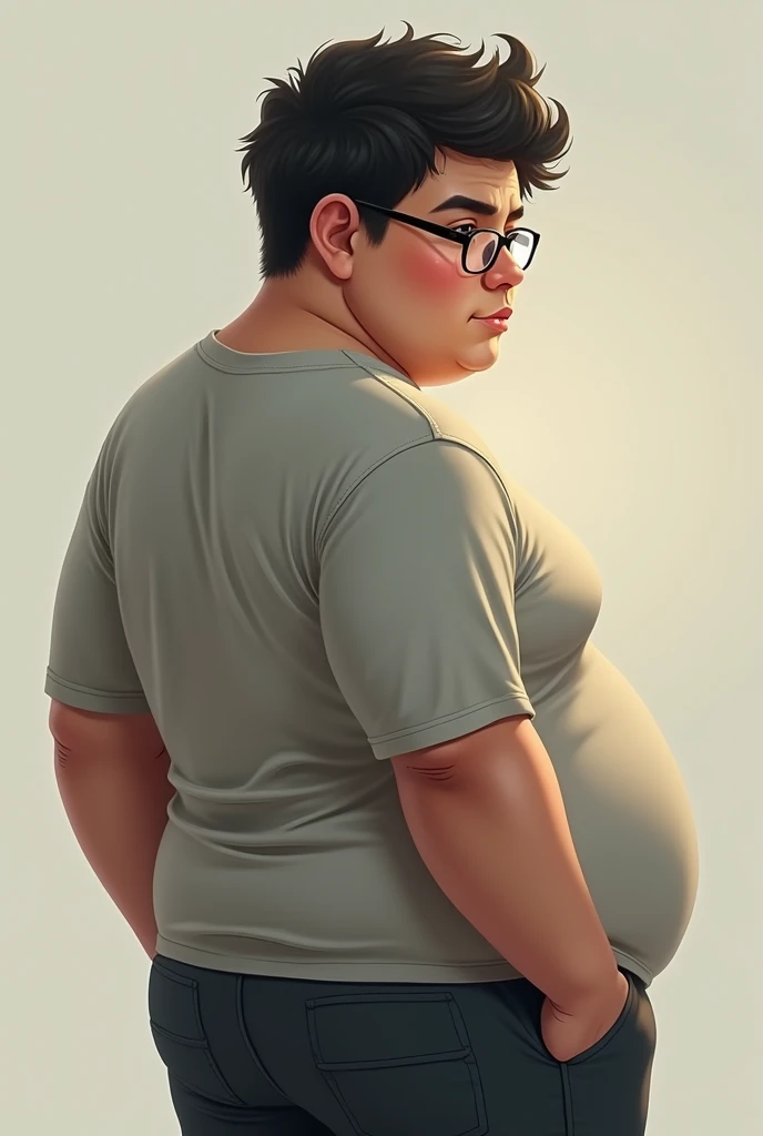 young man with glasses, a little chubby, less plump, not so fat turning his back