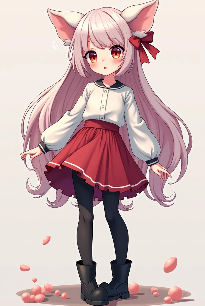 A girl of approximately ,with very light pink skin, pastel pink hair with some black strands, Red loop, pig ears, pig nose,one eye red and the other black,white  shirt,red skirt and black jumpsuit,black anime style boots