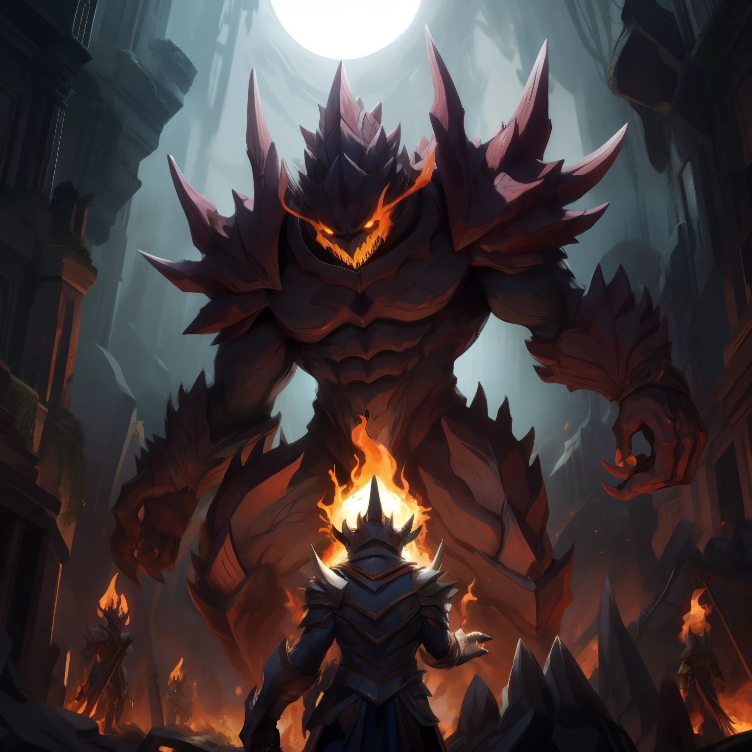 Monster Humanoid Man Demon Argoth had transformed into a grotesque and colossal creature. His height now surpassed any human being, and his figure was encased in dark, thorny armor. In your hand, He wielded a black sword that looked more like a gate to the darkness. His eyes glowed with an evil flame, and he exuded an overwhelming power.