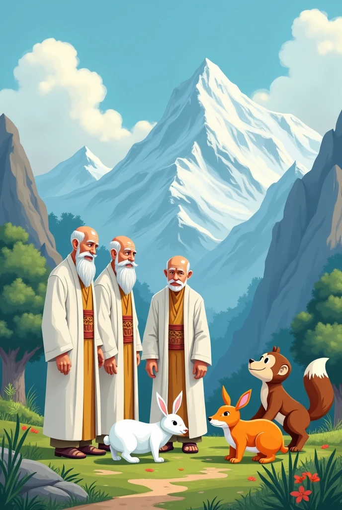 There are three elderly men wearing long white clothes standing in the mountains and looking at the white rabbits.、Orange fox and brown monkey asking for food cartoon version

