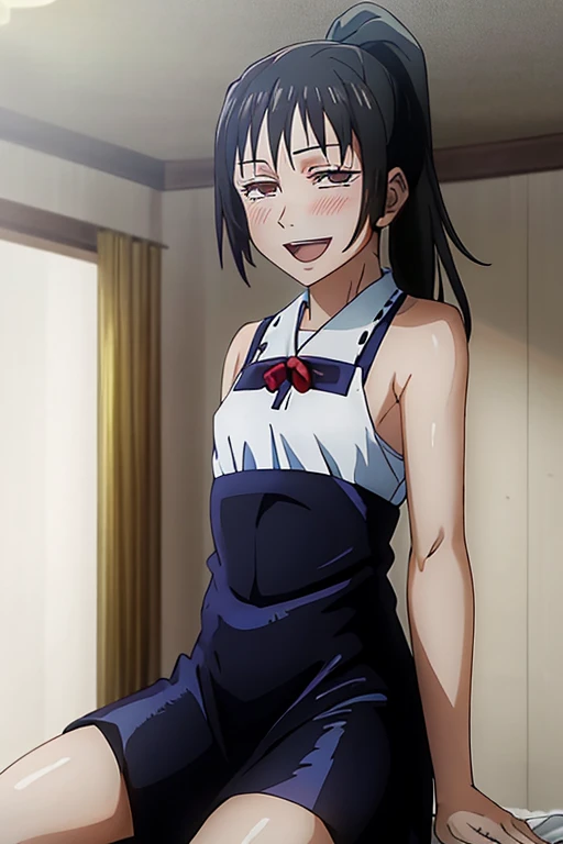 ((Highest quality)), ((masterpiece)), (be familiar with), Perfect Face, indoor, Bedroom, Watching the audience,
One woman, Zenin Maki,
Open Mouth, Ecstatic expression, blush, smile,
Small breasts, Flat Chest, , , child, Girl,
Long Hair, ponytail,
Leg spread,