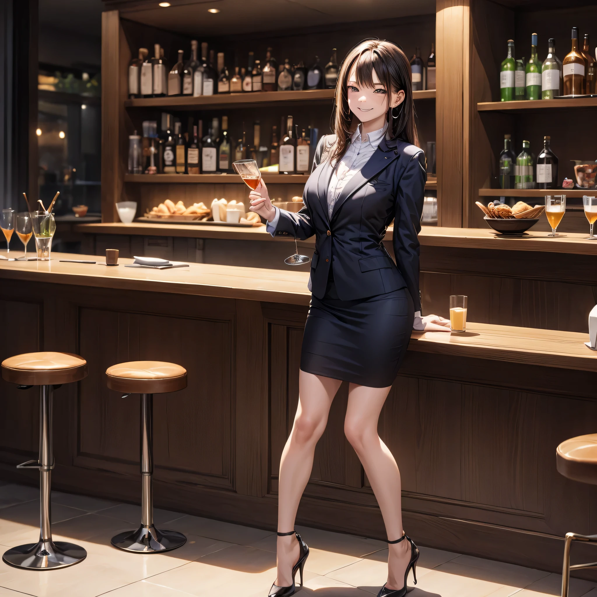 (masterpiece:1.3),(best quality, highest quality),((Full Body Shot,Including face)),girls,4K,masterpiece,((Focus on the face)),((Symmetrical facial features)),Beautiful woman,(Slender),((High heels)),Detailed depiction of the face, Cafe clerk ,In front of the bar counter,profile,Slenderな女性,In a suit,Age 25,(smirk),OL