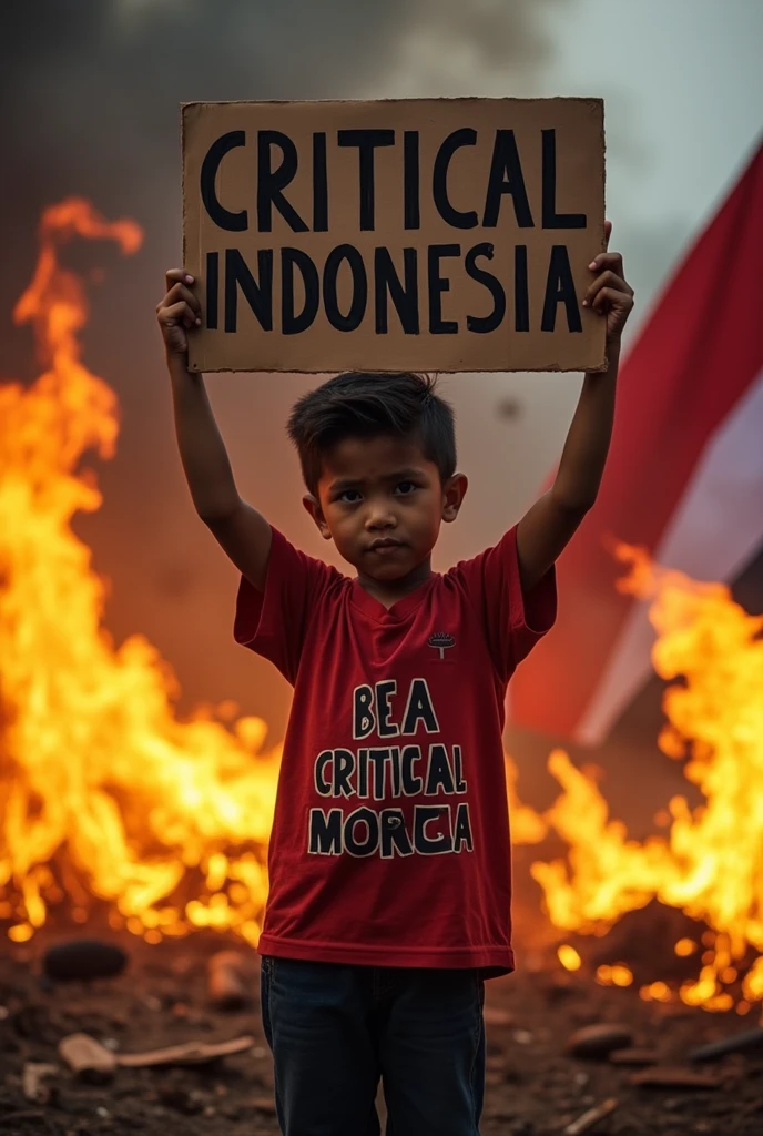 Photo of a  in the middle" The demo is carrying a sign that says CRITICAL INDONESIA.
the flames were burning and the red and white flag was burning