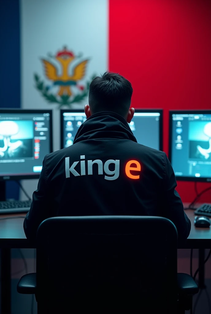 Man sitting with his back to many monitors wearing a black hacker coat with the name on the back "King E" and have the flag of Panama.