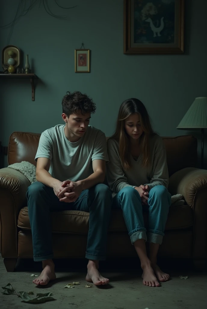 A young bored couple sitting on a worn out couch in a dark living room