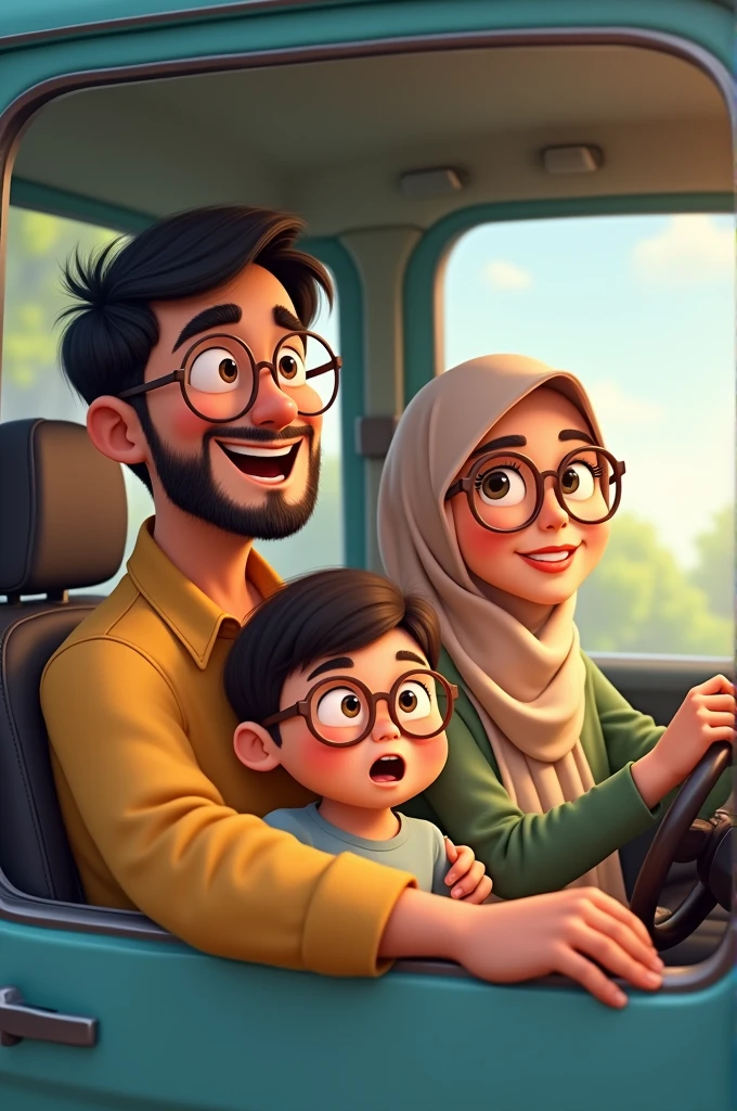 Cartoon asian man with glasses and beard together with hijab woman wearing glasses with son in Alza car
