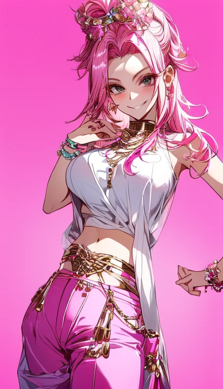 A smug narcissistic pink haired woman wearing a pink bra and blue pants and lots of jewelry flaunting herself 