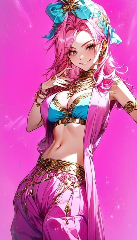 A smug narcissistic pink haired woman wearing a pink bra and blue pants and lots of jewelry flaunting herself