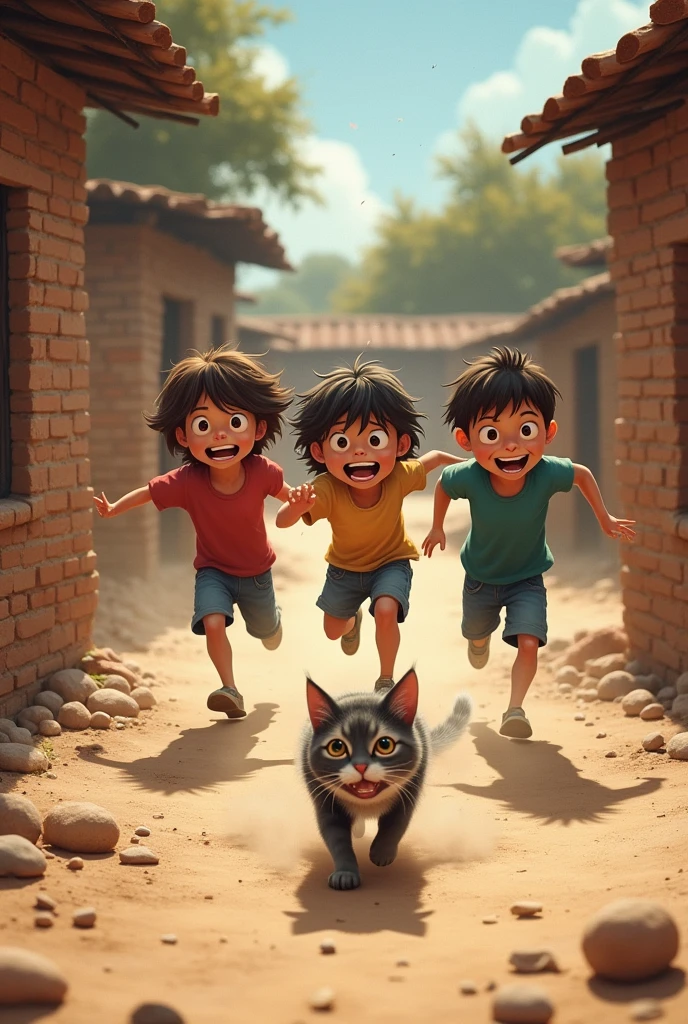 3 kids chasing a scared cat in the dirt yard looking for a gap between the bricks