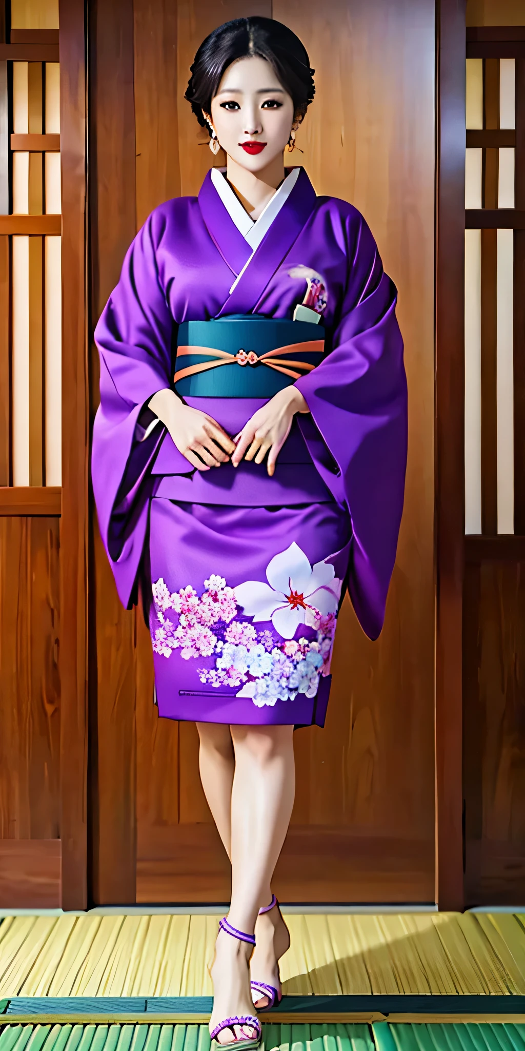 (masterpiece, Highest quality:1.2),Sumie V1,kimono,Red lips,purple kimono,4K, Full body to toes