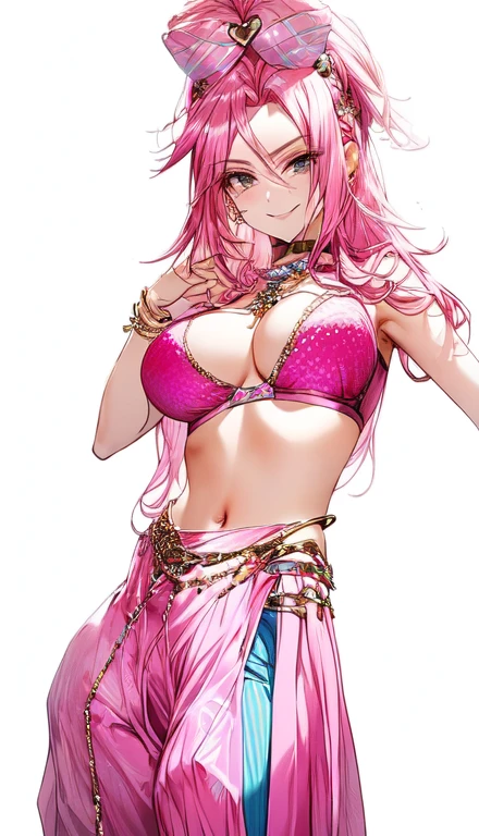 A smug narcissistic pink haired woman wearing a pink bra and blue pants and lots of jewelry flaunting herself