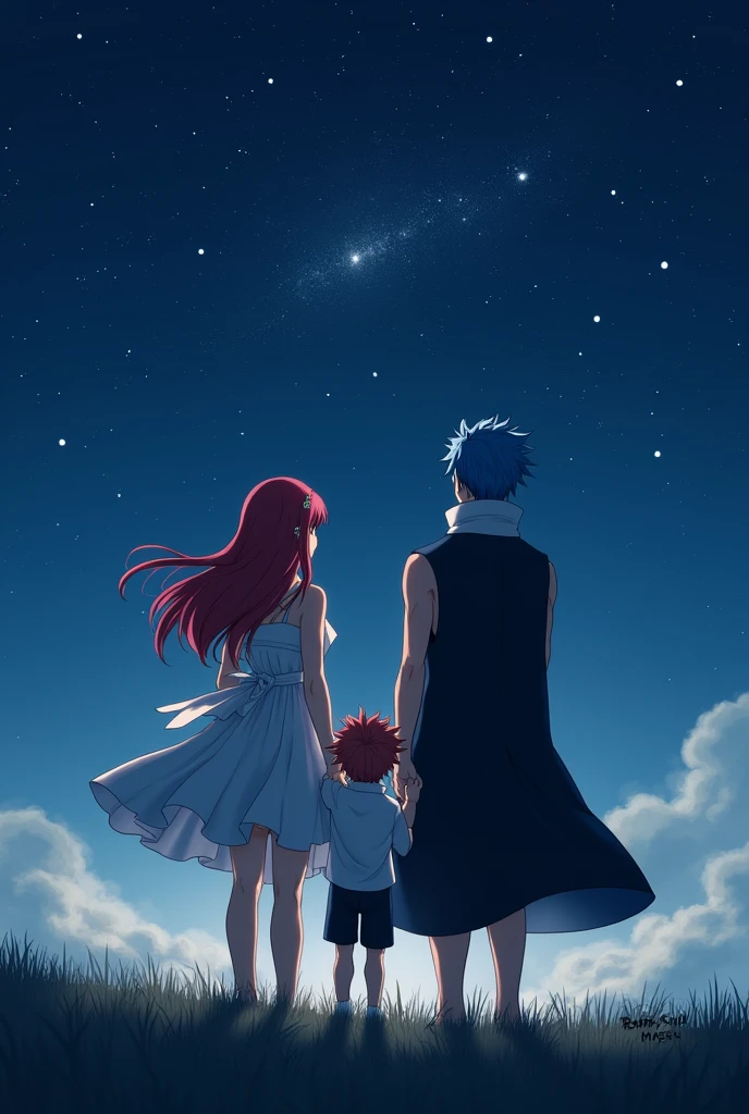 Erza et jellal qui a les cheveux bleu avec leur fils il a les cheveux rouge et les yeux vert ils regardes les étoiles ensembles