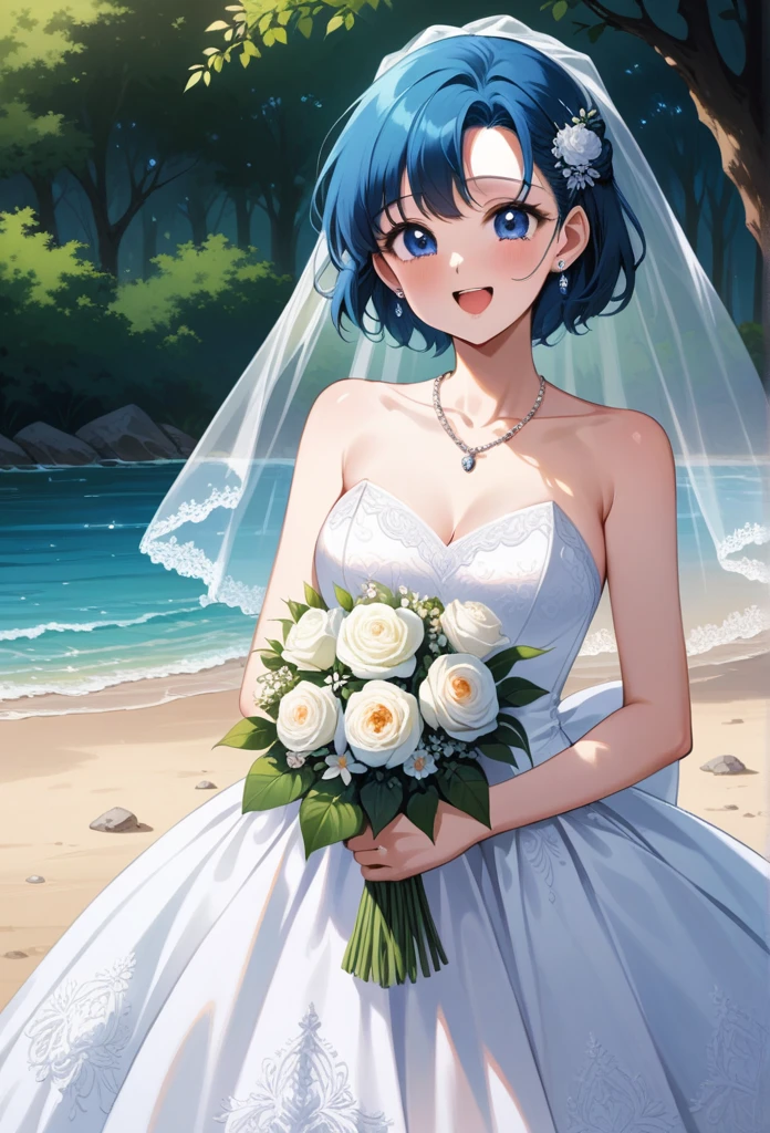 (masterpiece, Highest quality, so beautiful, Super detailed), Intricate details, 4K, mercury, short hair, Blue Hair, Earrings, blue eyes, Wedding dress, White Dress, Strapless, necklace, smile, Open your mouth, tear up, Cowboy Shot, Are standing, Holding a bouquet, Bridal Veil, BREAK pink bandeau bikini, Cute Smile Open your mouth, Are standing, (She walked along the beach in the sunset, her bare feet touching the water, the closest she came to seeing that smile:1.1), barefoot, Two Arms, (cinematic angle:1.1),