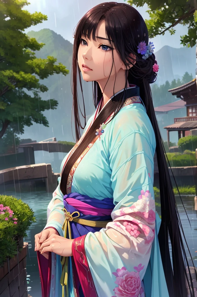 Heavy rain background、field、in the forest、Waterfront、 (Highest quality,4K,8k,High resolution,masterpiece:1.2), Very detailed, (Realistic,Realistic,Photorealistic:1.37), High resolution, Hyper HD, Studio Lighting, Ultra-fine painting, Sharp focus, Physically Based Rendering, Very detailed説明, Professional, Vibrant colors, Bokeh, Sports Late, Ancient War Landscapes, Traditional Chinese Painting Techniques, Atmospheric lighting, Vivid color contrast, Visually stunning composition, Ethereal atmosphere,Very detailed目と顔, Beautiful attention to detail, Light on the face,豪華なHanfu (Hanfu: 1.1),My whole body is wet、My clothes are wet and transparent、Nipples are visible、nipples color pale pink、Dynamic pose、Rain clouds spreading across the sky、Heavy rain weather、Pouring rain、Wind and rain storm、((Soaked skin from head to toe))、((Rain-soaked clothes(Rain dripping from clothes))、((The lines of your body are clearly visible through your wet clothes..))、Green Eyes、Serious expression、Disheveled clothing、Slim figure、Small breasts