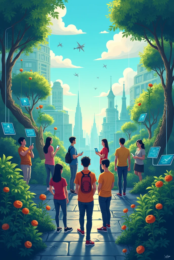 help me build an easy drawing picture with a concept " From clicks to progress: Youth Digital Pathways for Sustainable Development"