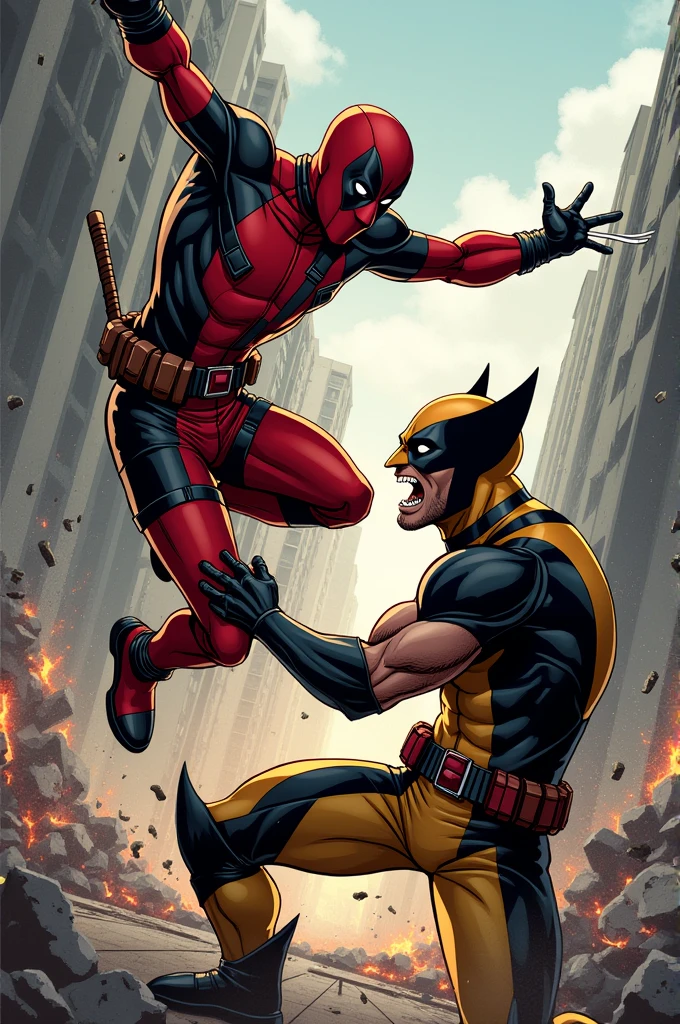 Deadpool doing a backflip hitting Wolverine in the face with his right foot